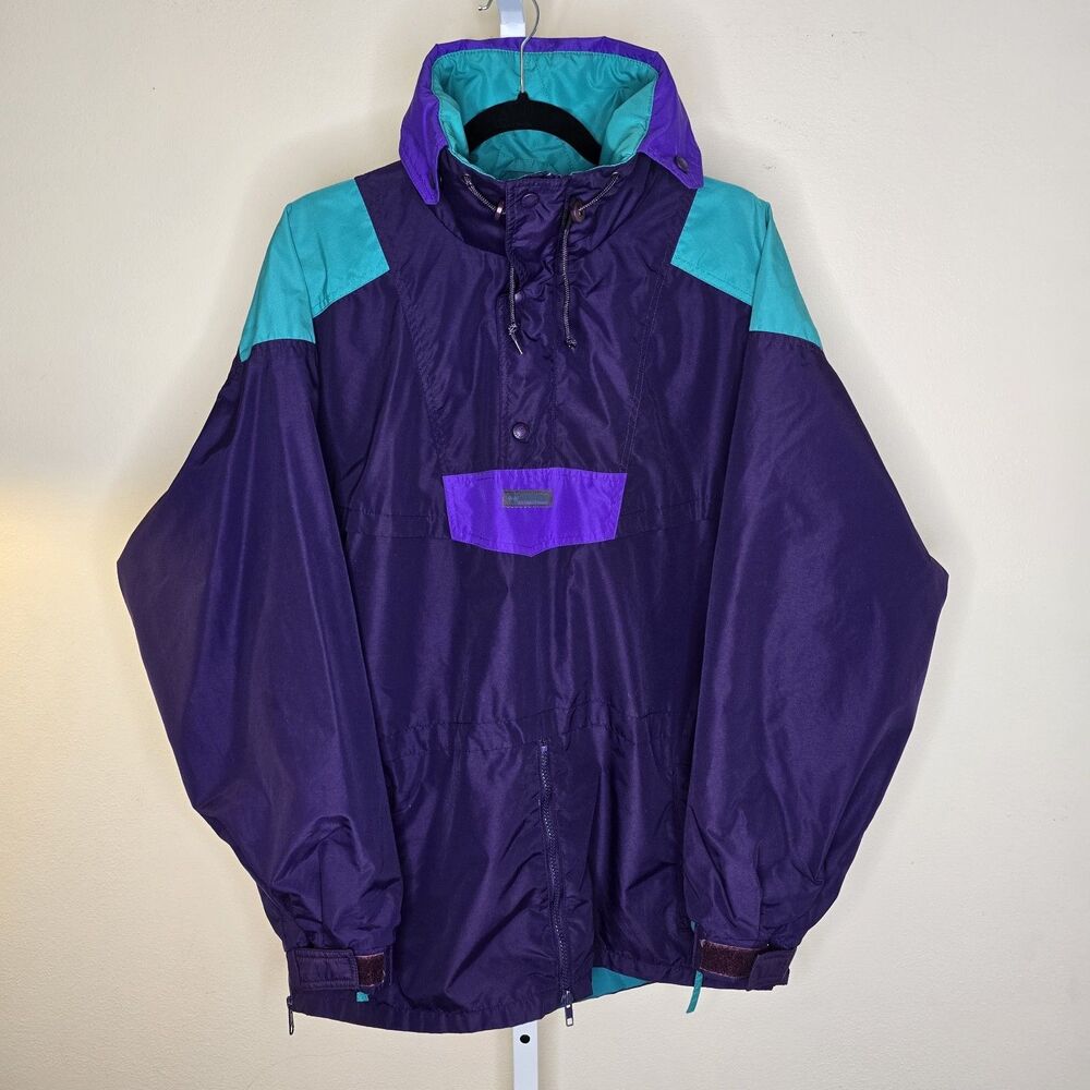 Vintage Columbia Men's M Purple Teal 1/4 Zip Hooded Pullover Windbreaker